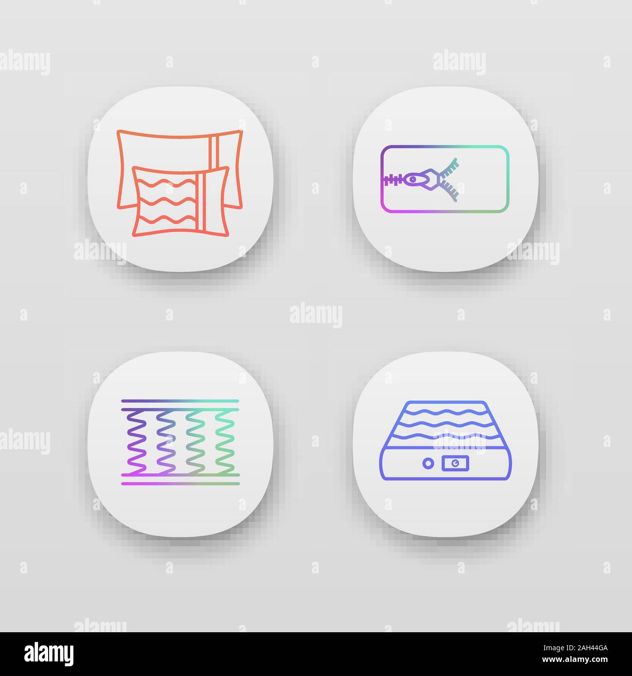 Orthopedic mattress app icons set. UI/UX user interface. Pillows, removable cover, spring and air mattresses. Web or mobile applications. Vector isola Stock Vector