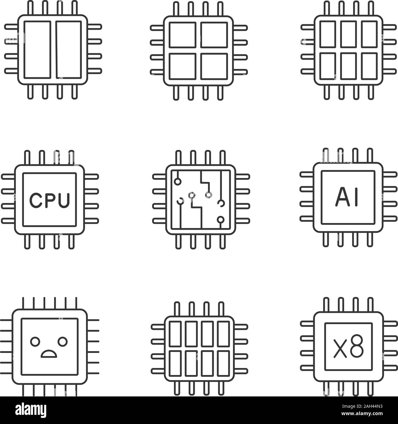 Processors linear icons set. Octa, six, dual, quad core chip, CPU, microprocessor temperature, sad, processor. Thin line symbols. Isolated vector outl Stock Vector