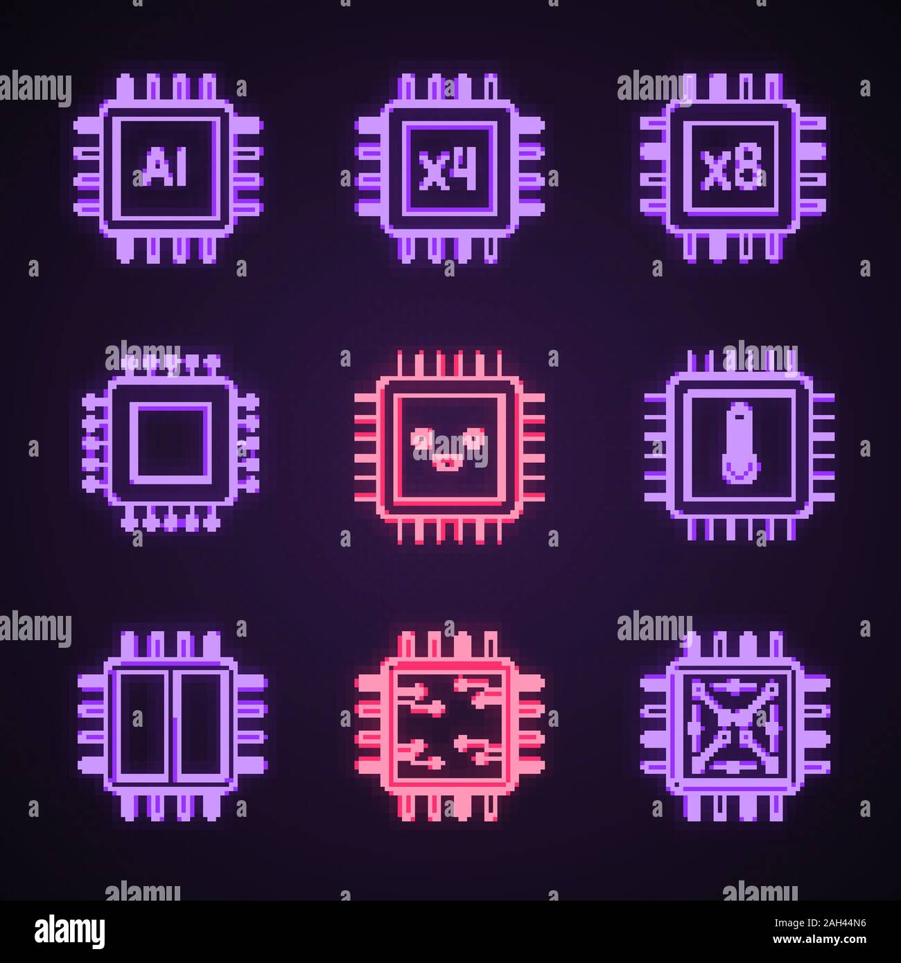 Processors neon light icons set. AI chip, quad, octa, dual core microprocessors, integrated circuit, smiling processor. Glowing signs. Vector isolated Stock Vector
