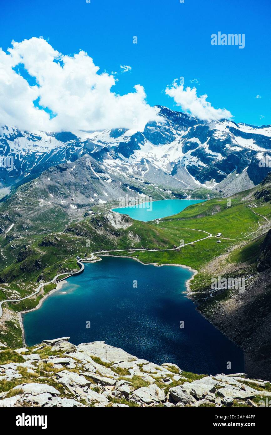 Italy, Piedmont, Gran Paradiso National Park, High angle view of Italian Alps and lakes Stock Photo
