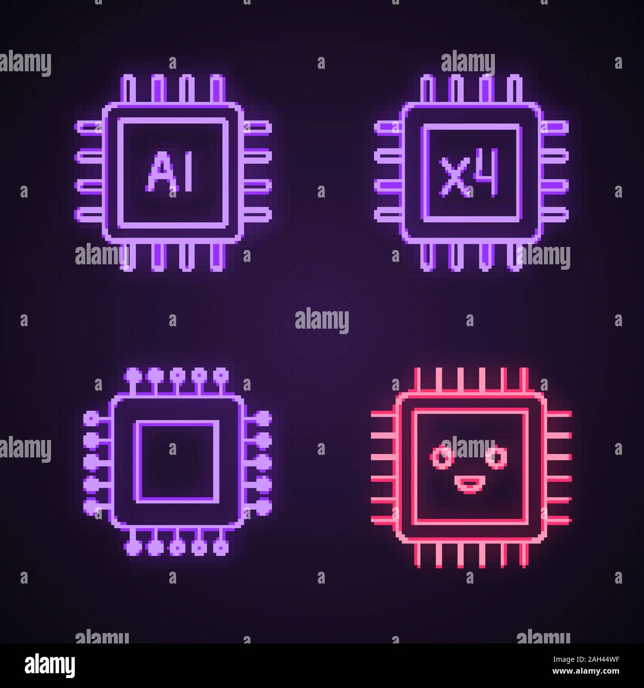 Processors neon light icons set. Chip, integrated circuit for ai system, smiling microprocessor, quad core processor. Glowing signs. Vector isolated i Stock Vector