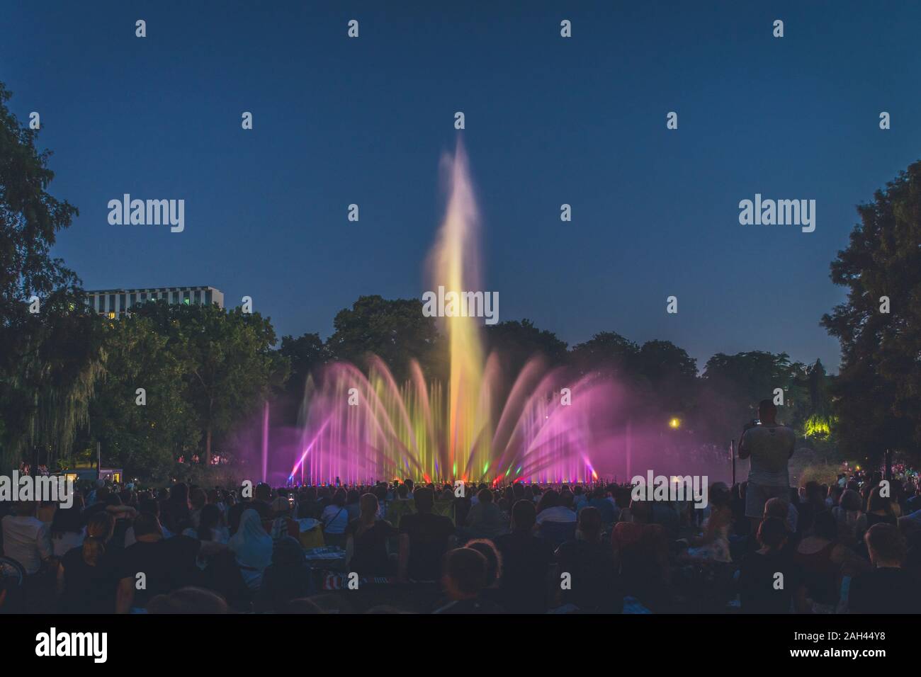 Germany, Hamburg, People watching illuminated fountain at night Stock Photo