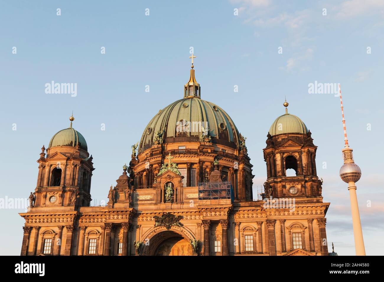 Germany, Berlin, Facade of Berlin Cathedral with Berlin TV Tower in background Stock Photo
