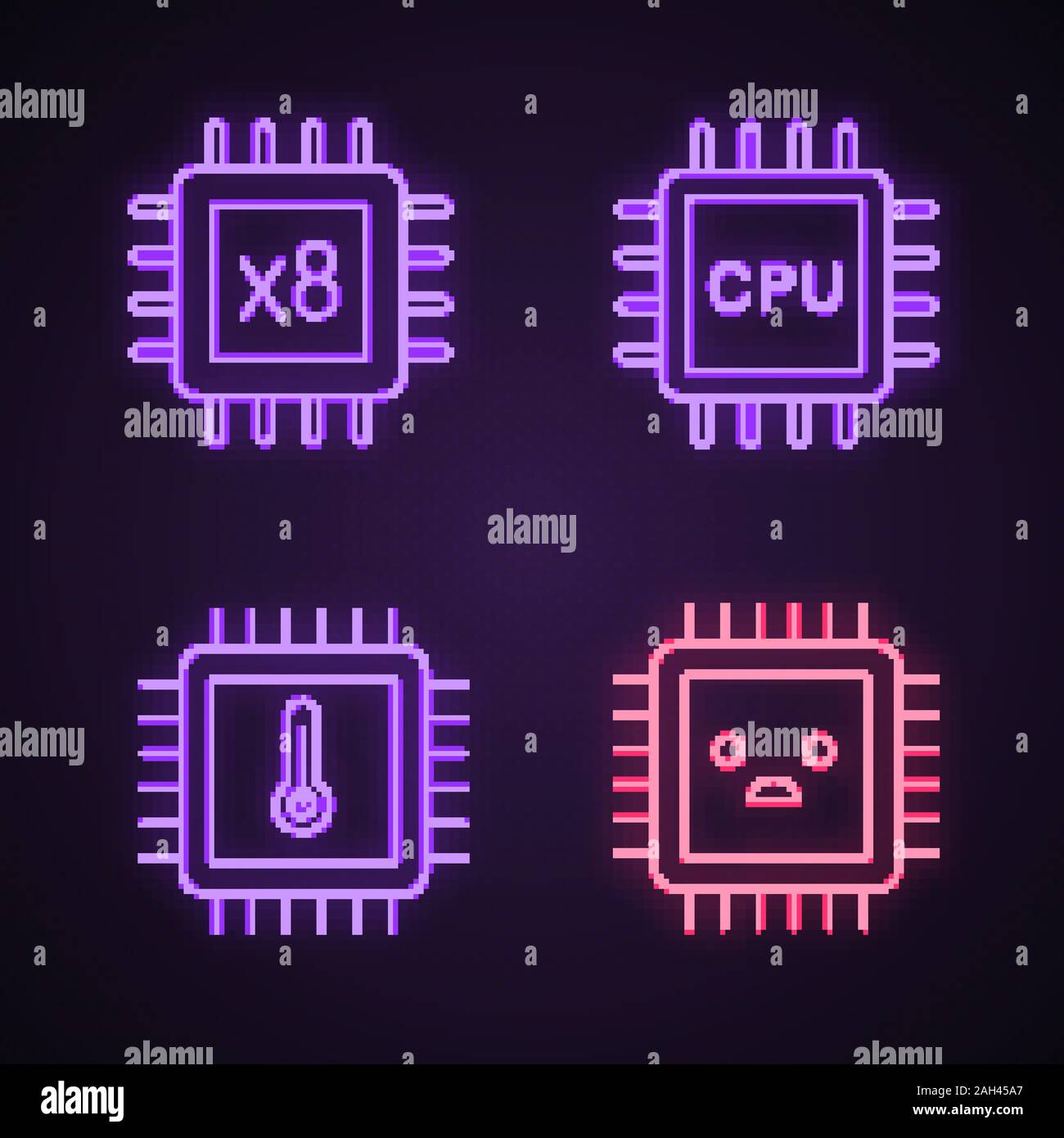 Processors neon light icons set. Octa core, CPU processors, microprocessor temperature, sad chip. Glowing signs. Vector isolated illustrations Stock Vector