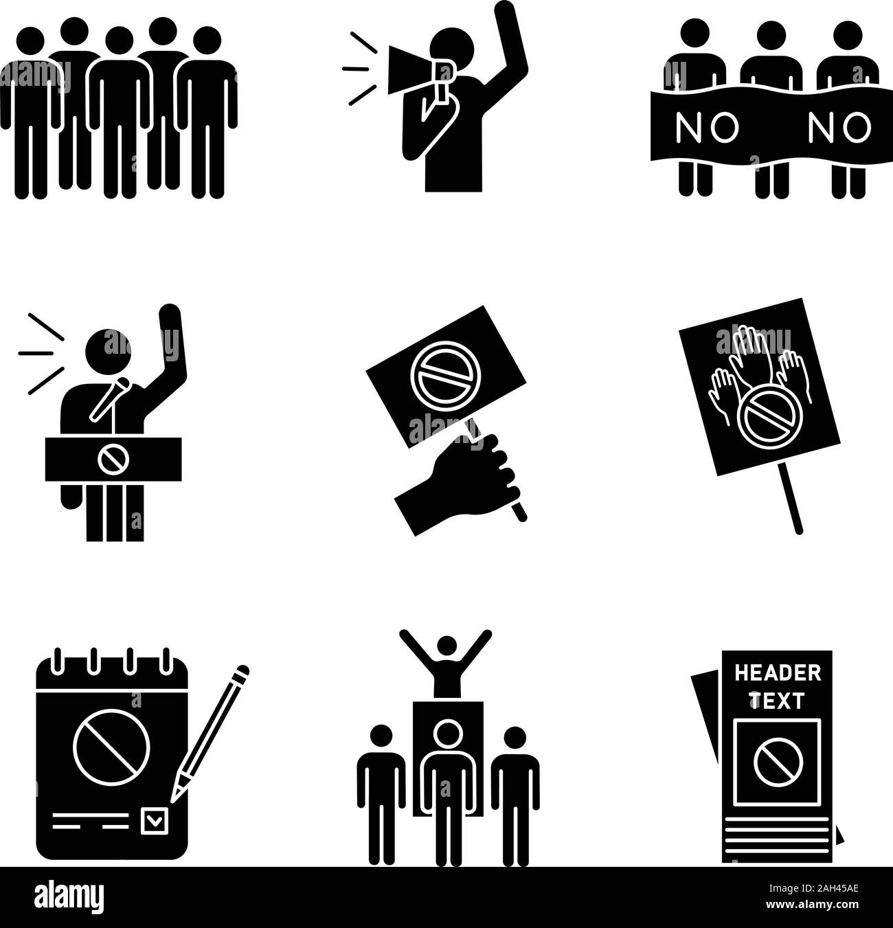 Protest action glyph icons set. Meeting, protester, picket, speech ...