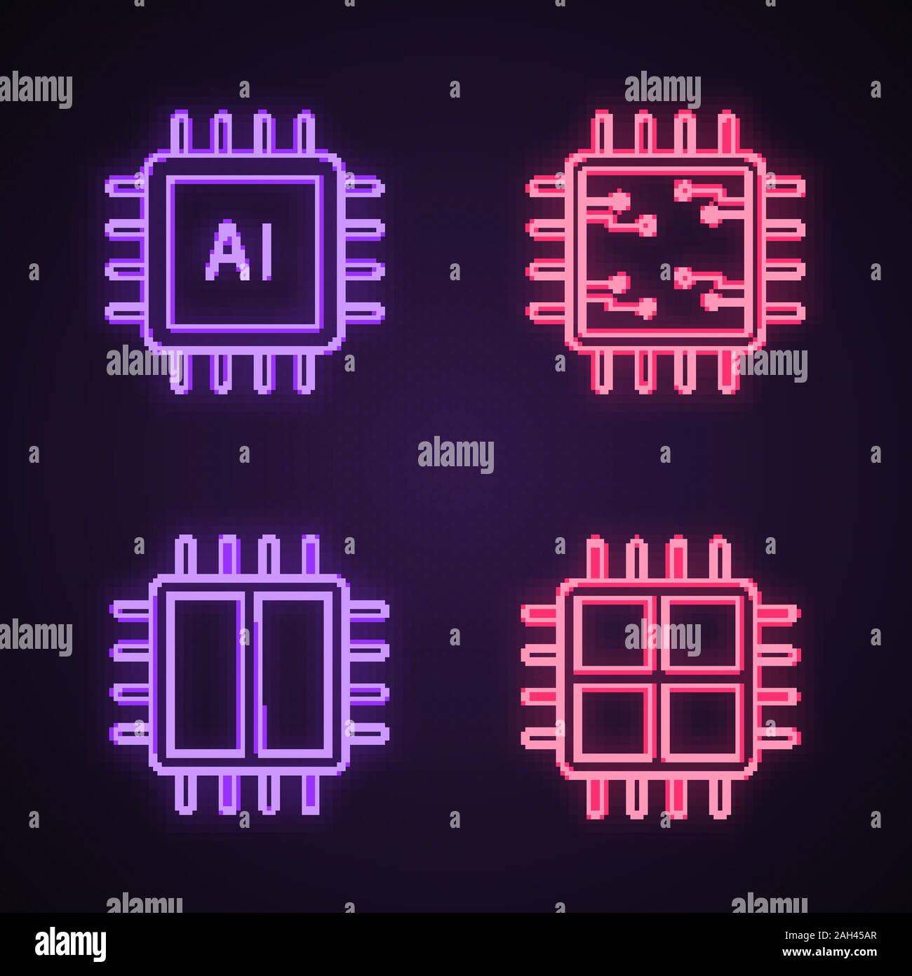 Processors neon light icons set. Microprocessor for ai system, chip, integrated circuit, dual and quad core processor. Glowing signs. Vector isolated Stock Vector