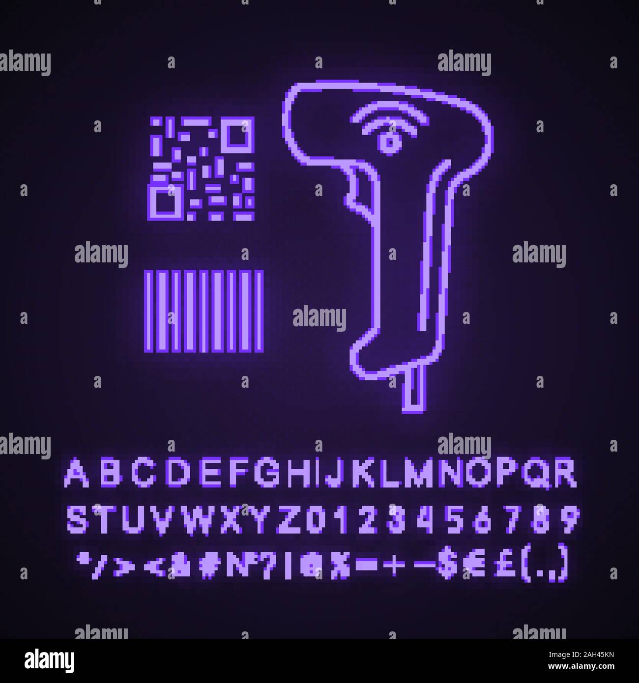 Barcode and QR code scanner neon light icon. Wifi barcodes handheld reader. QR codes and