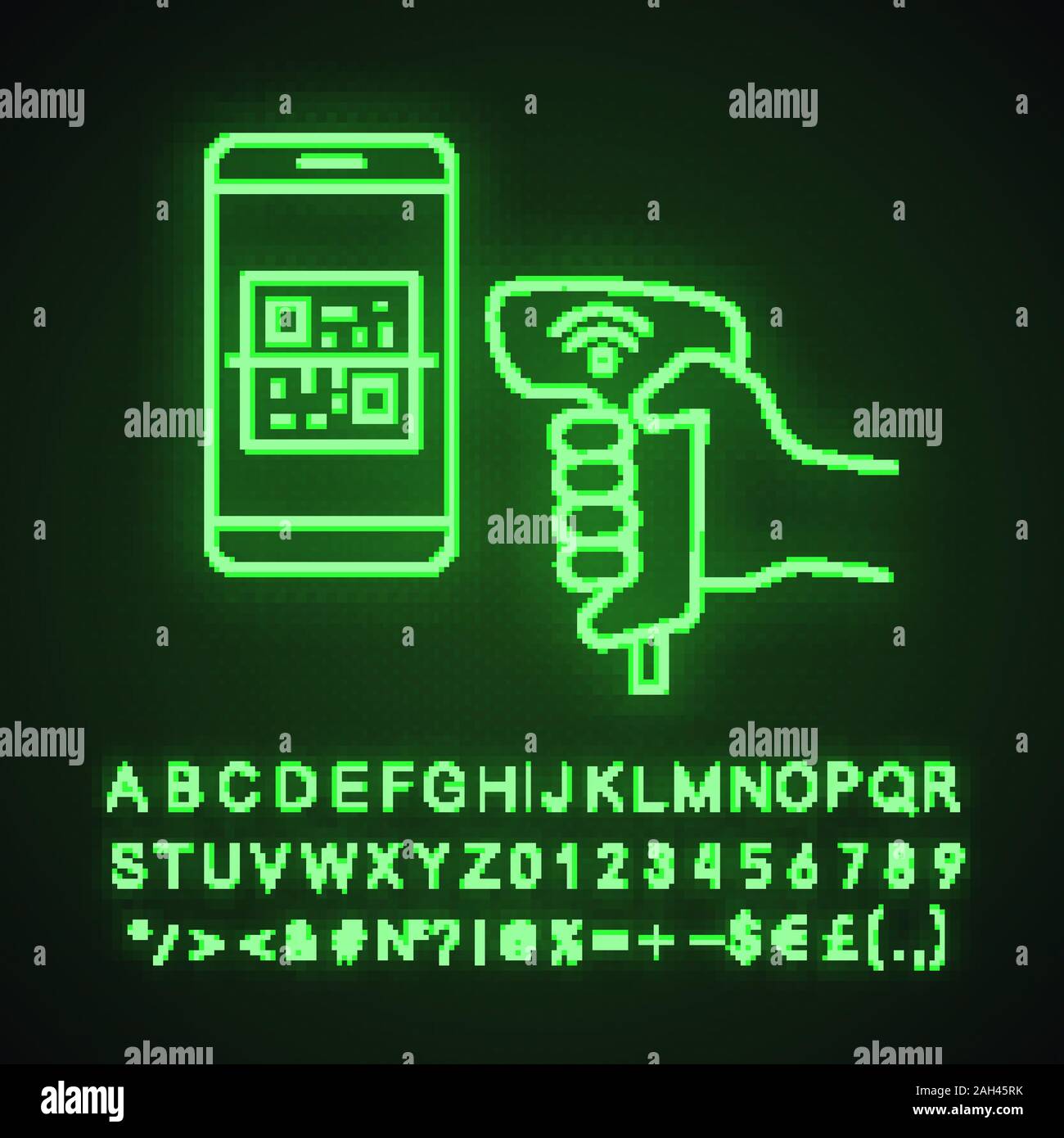 Payment QR with code scanner scanning phone screen neon light icon. Wifi 2D barcode reader. Handheld wireless QR code barcode reading. Glowing sign wi Stock Vector
