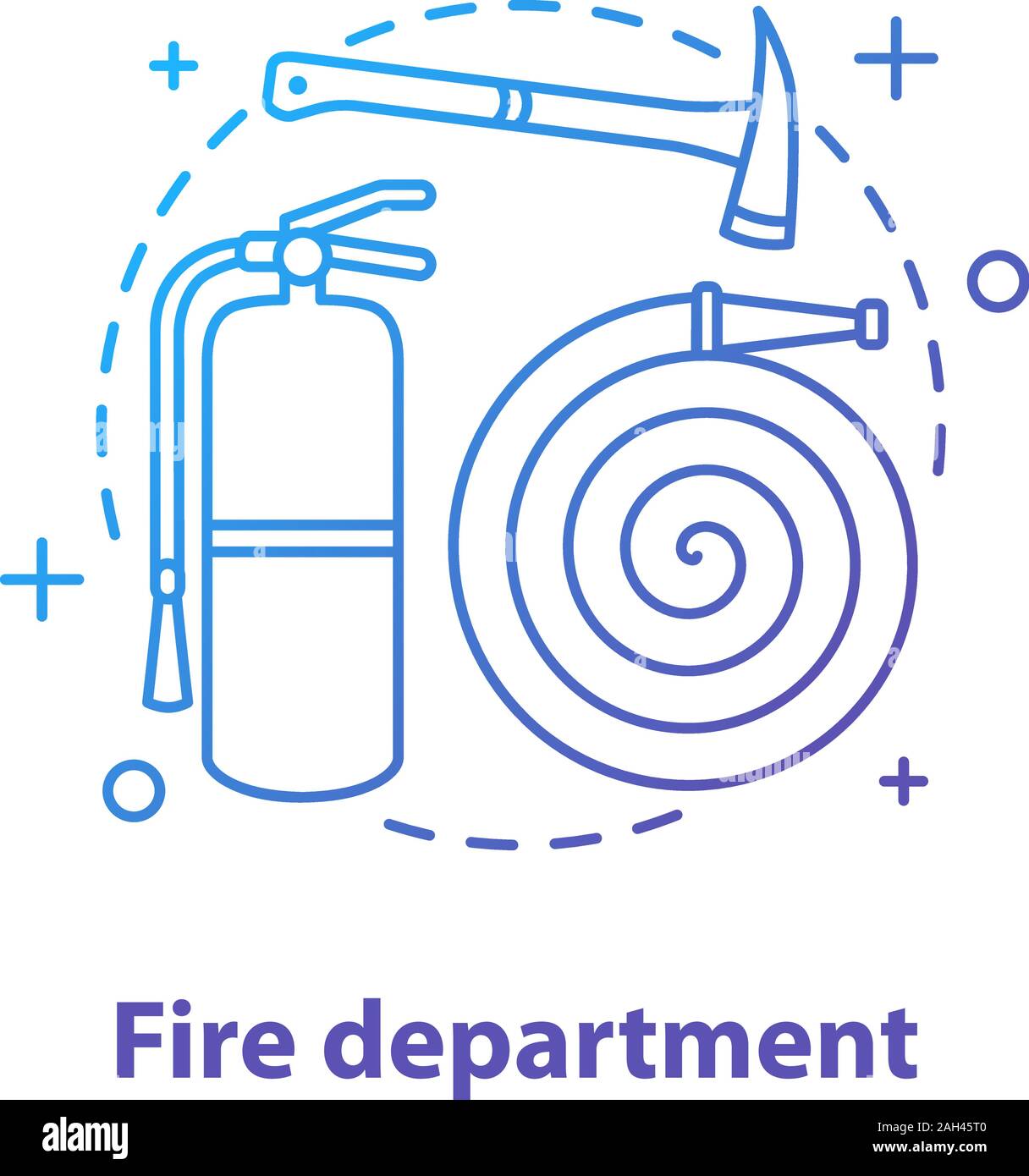 Fire department concept icon. Firefighting idea thin line illustration. Fire extinguisher, hose, axe. Vector isolated outline drawing Stock Vector