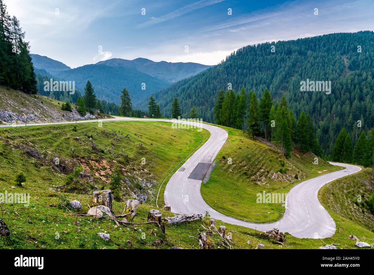 Austria, Carinthia, Scenic view of winding Nockalm Road in Nock Mountains Stock Photo