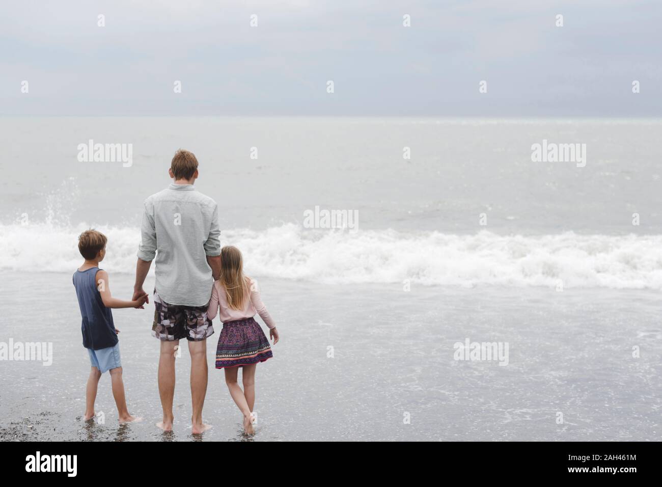 Back view of man standing hand in hand with little daughter and son at seafront Stock Photo