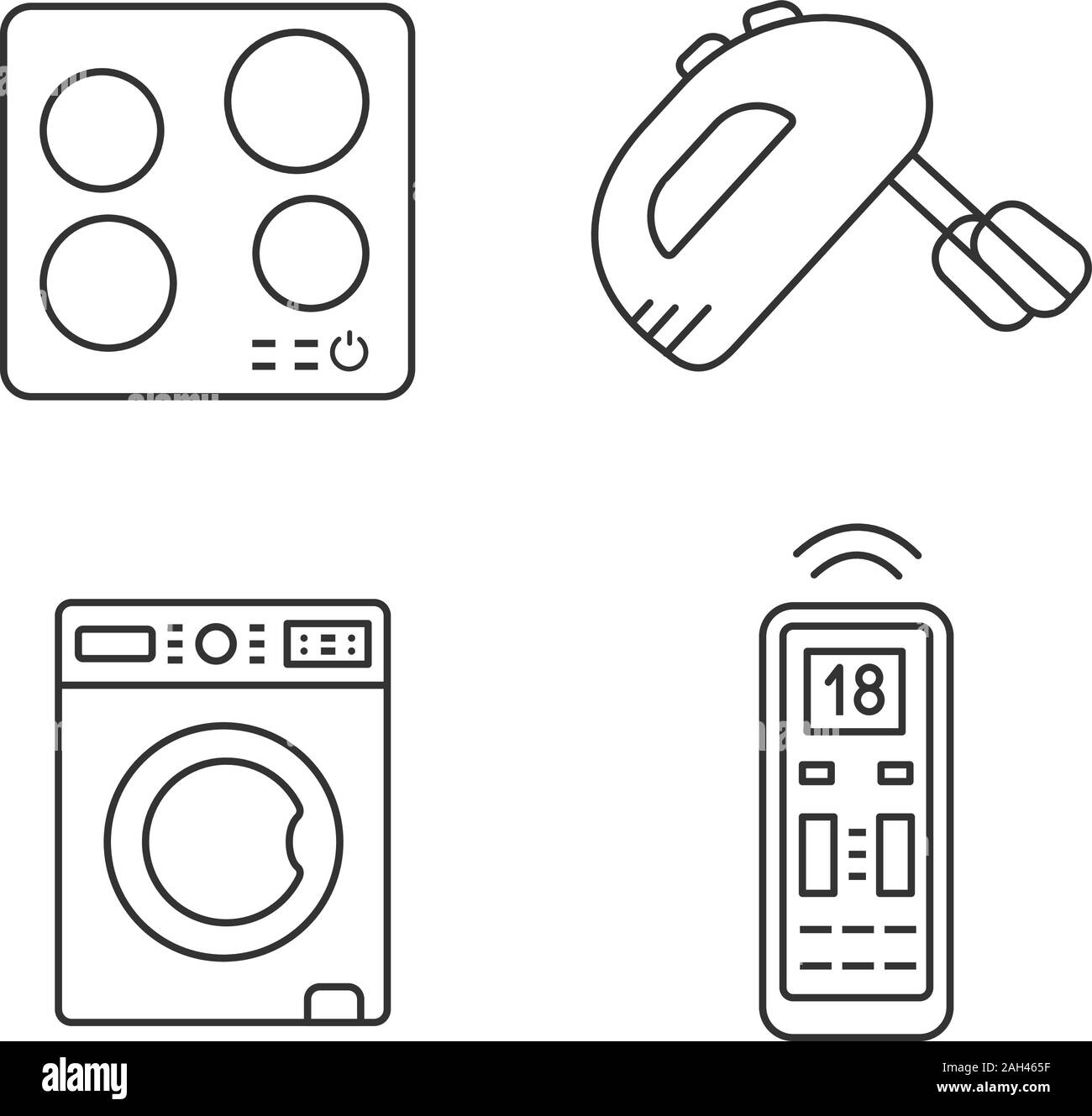 Household appliance linear icons set. Electric induction hob, handheld mixer, washing machine, air conditioner remote control. Thin line symbols. Isol Stock Vector