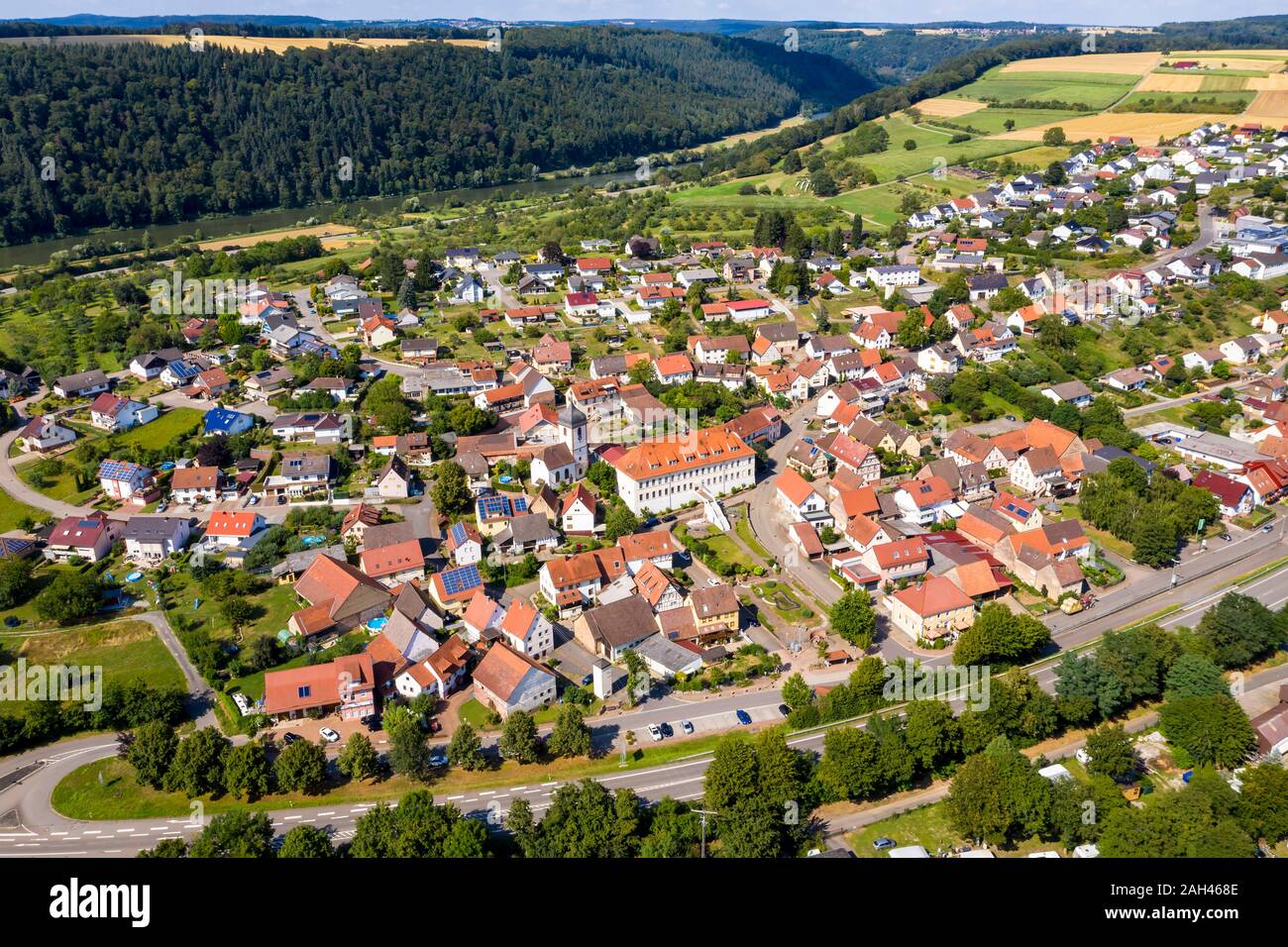 Germany, Bavaria, Binau, Aerial view of countryside town Stock Photo
