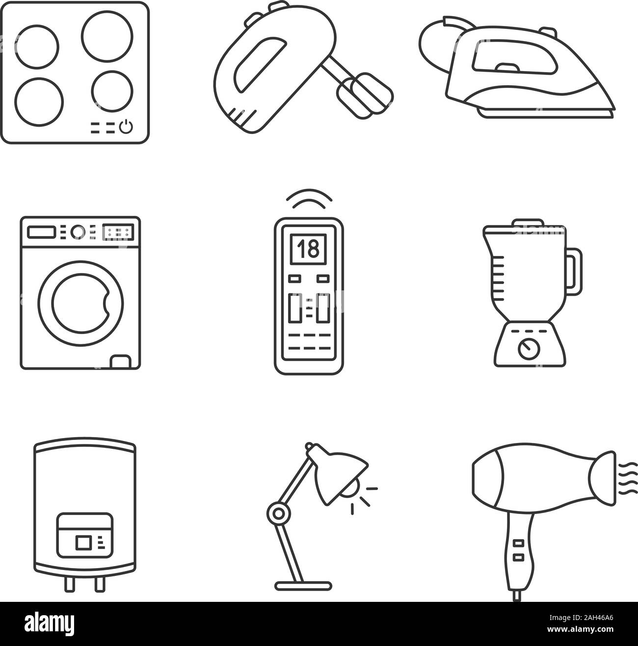 Household appliance linear icons set. Cooktop, mixer, steam iron, washing  machine, remote control, blender, water heater, table lamp, hair dryer.  Isol Stock Vector Image & Art - Alamy