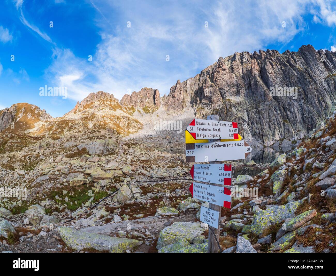 Sign post at Cima d'Asta, Fiemme Alps, Trentino, Italy Stock Photo