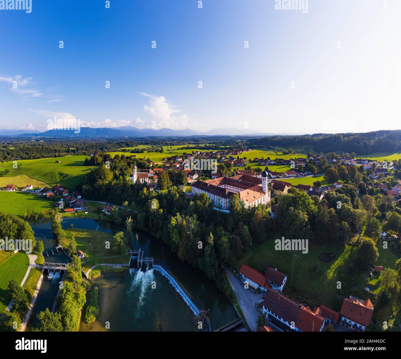Germany, Bavaria, Eurasburg, Aerial view of Loisach river and countryside town Stock Photo