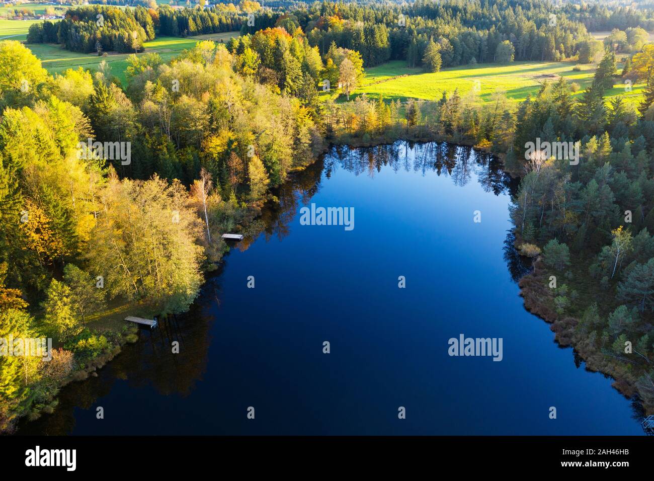 Germany, Bavaria, Upper Bavaria,Toelzer Land, Aerial view of Unterbuchener Weiher lake Stock Photo