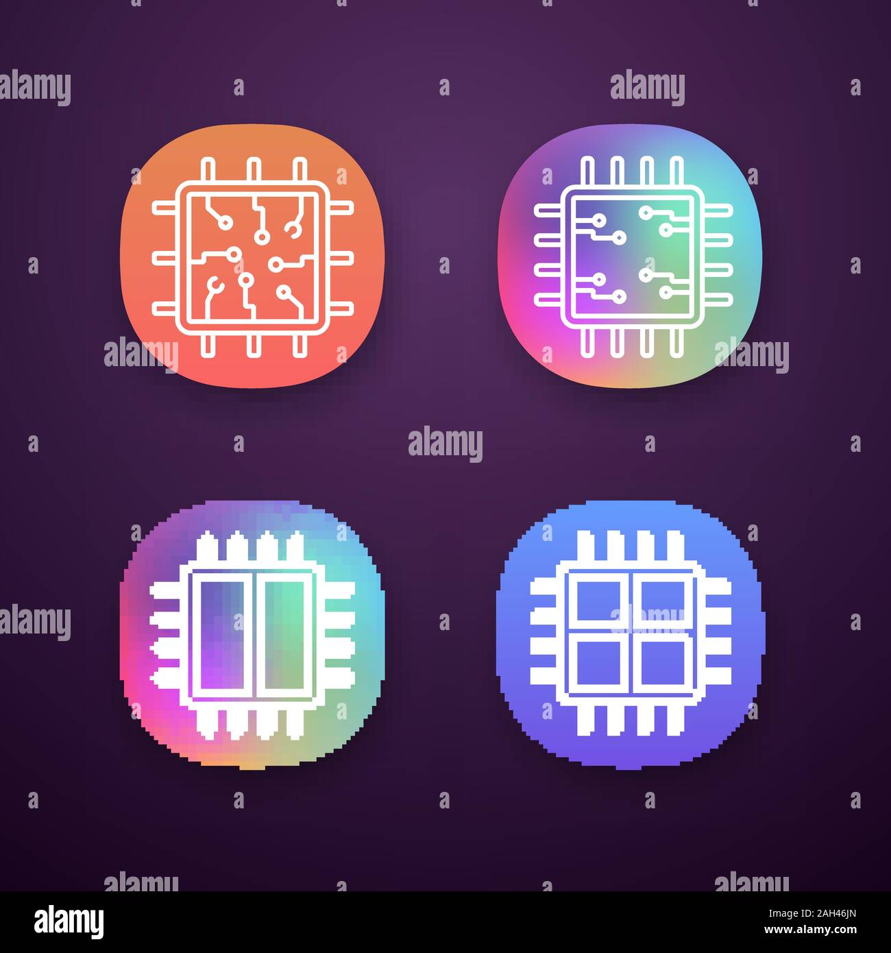 Processors app icons set. UI/UX user interface. Chip, microprocessor, integrated unit, dual and quad core processors. Web or mobile applications. Vect Stock Vector
