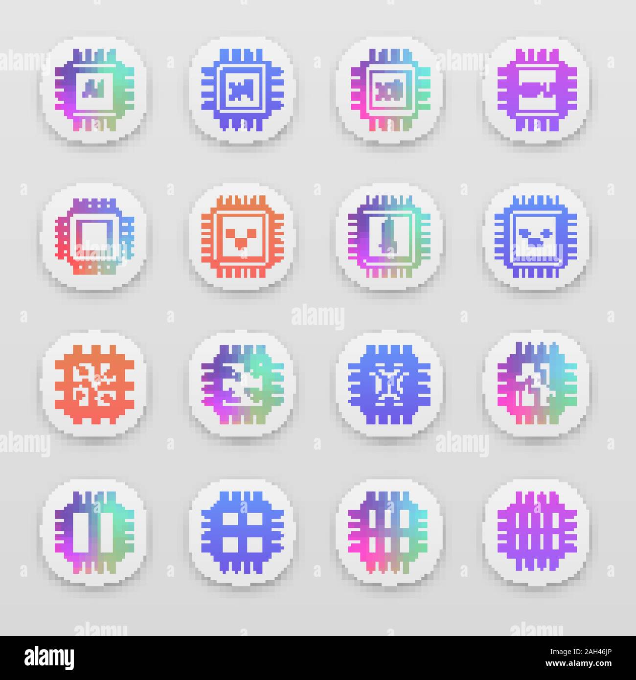 Processors app icons set. Multi-core processors. Chips, microchips, chipsets. CPU. Central processing units. Integrated circuits. UI/UX user interface Stock Vector
