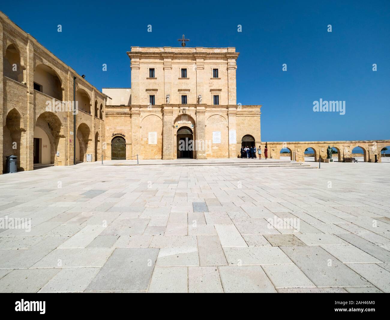 Italy, Province of Lecce, Santa Maria di Leuca, Empty square of Basilica Sanctuary of Santa Maria de Finibus Terrae Stock Photo