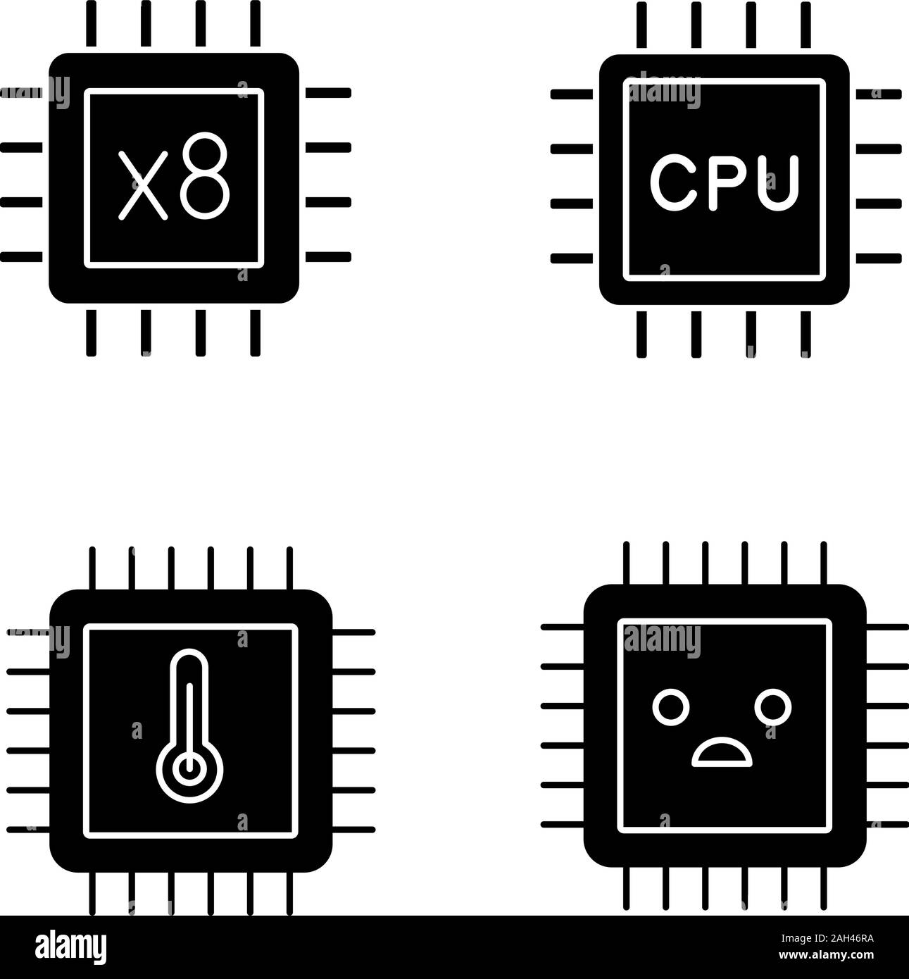 Processors glyph icons set. Octa core, CPU processors, microprocessor temperature, sad chip. Silhouette symbols. Vector isolated illustration Stock Vector