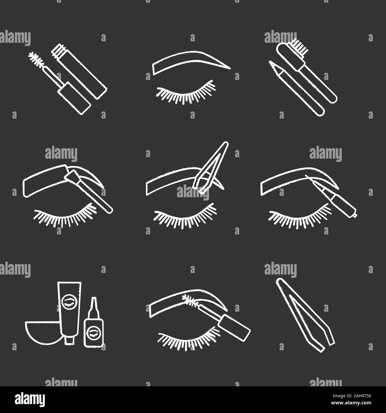 Eyebrows shaping chalk icons set. Dye kit, arched brows, tweezer, microblading, mascara, eyebrow tinting and contouring with pencil and brush. Isolate Stock Vector
