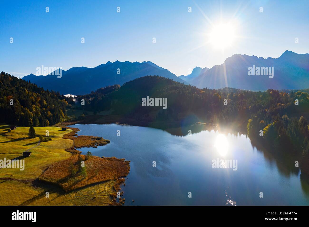 Germany, Upper Bavaria, Werdenfelser Land, Krun, Aerial view of Geroldsee on sunny day Stock Photo