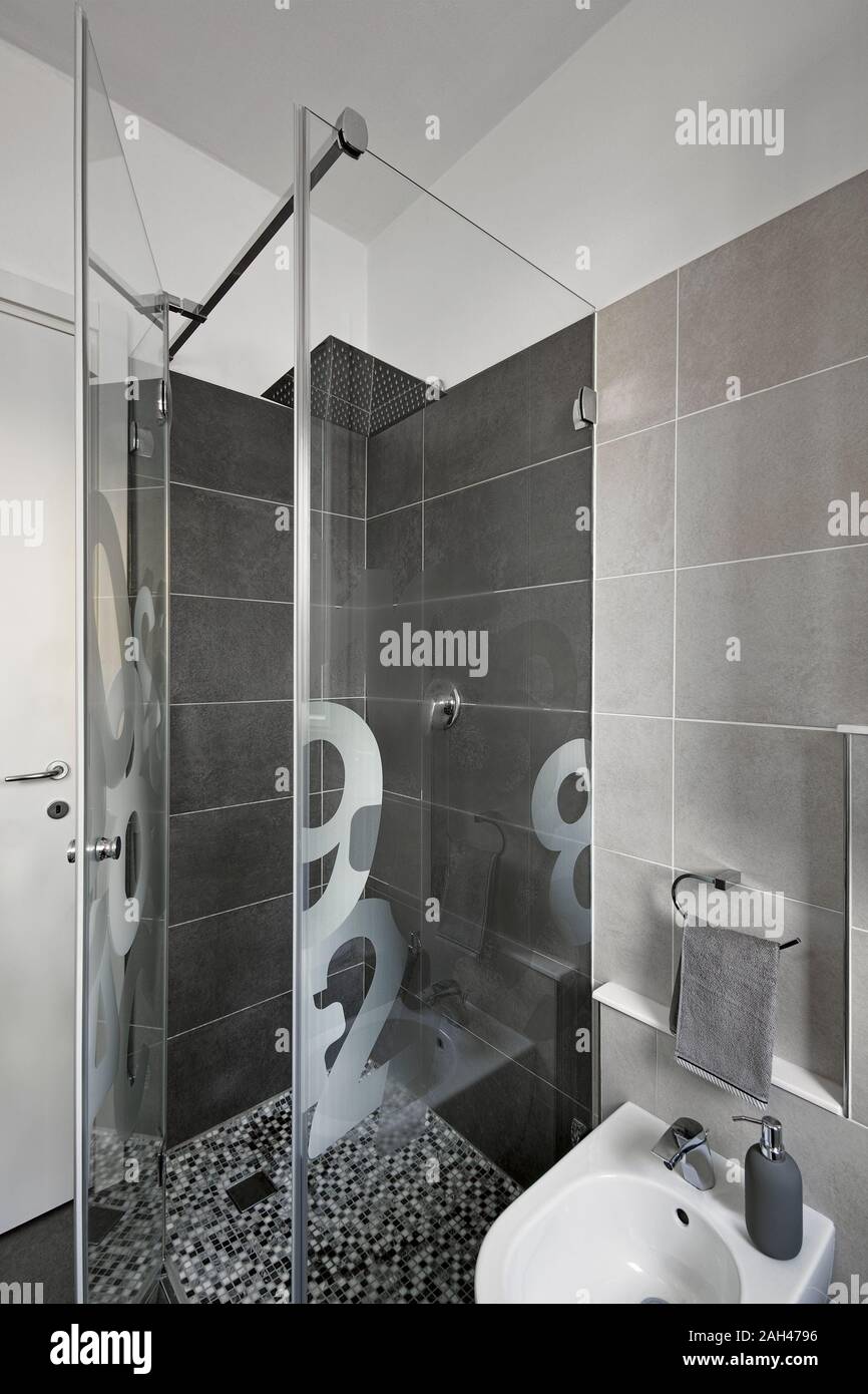 interior shot of a modern bathroom in foreground the glass shower box  and the bidet, the walls are coated in tiles Stock Photo