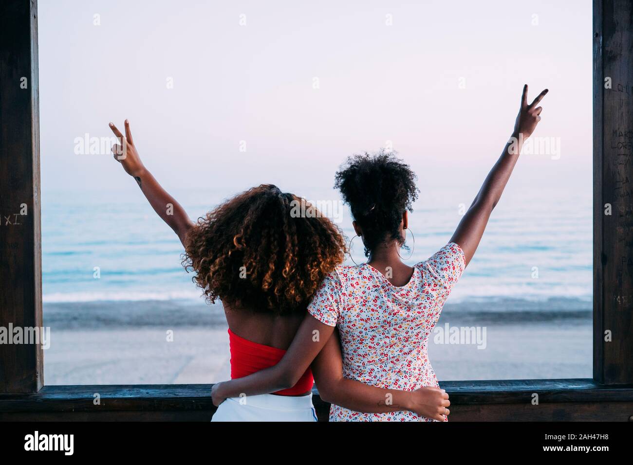 Best friends standing arm in arm on pier Stock Photo Alamy