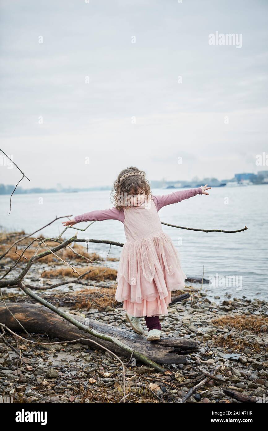 Little girl wearing pink fancy dress costume balancing on deadwood at riverside Stock Photo
