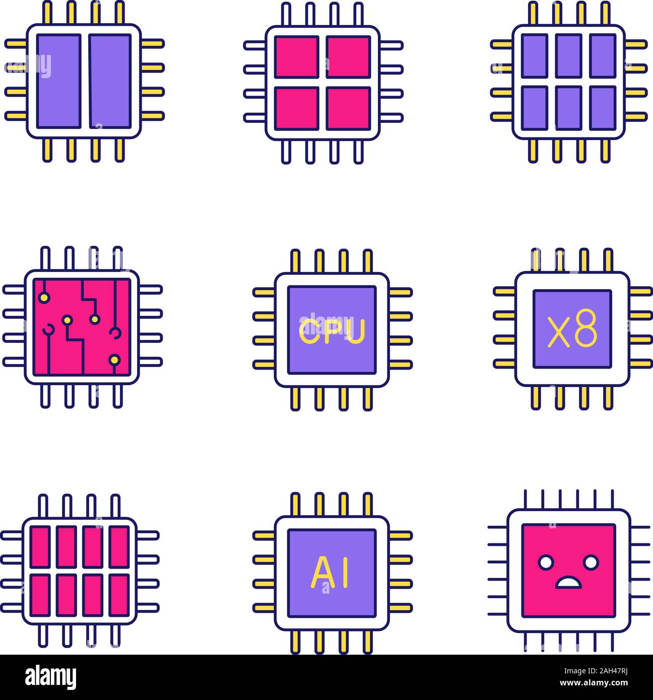 Processors color icon. Dual, octa, quad, six core chips, CPU, sad processor, integrated circuit, AI microprocessor. Isolated vector illustration Stock Vector