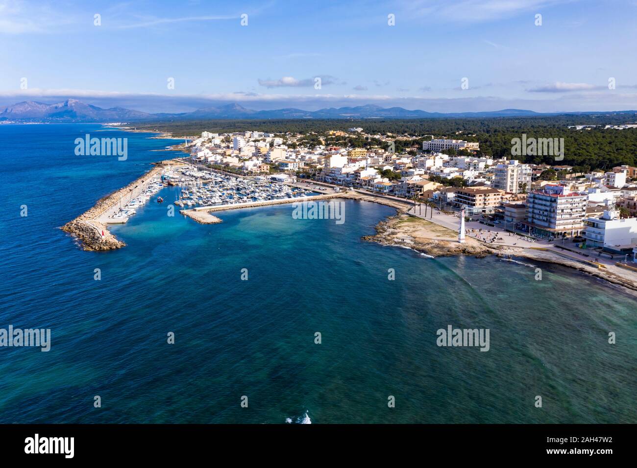 Spain, Mallorca, Aerial view of Can Picafort resort in summer Stock Photo