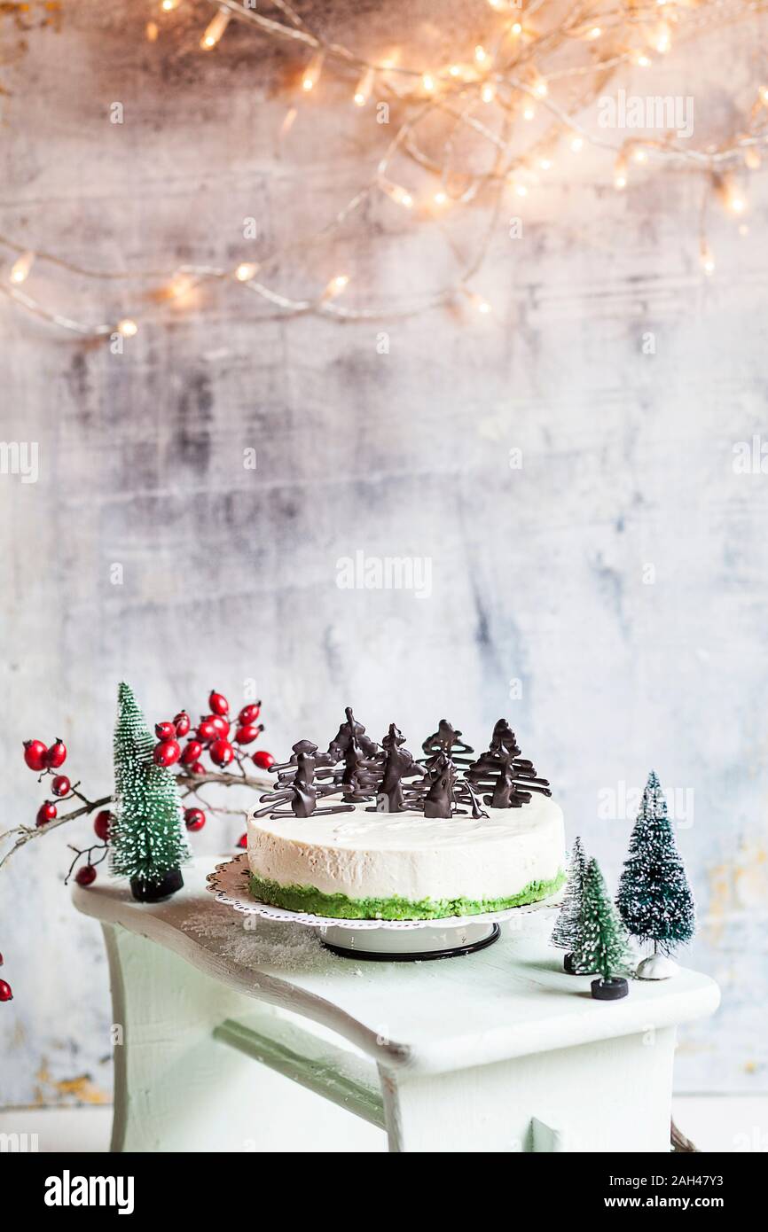 Christmas cheesecake decorated with chocolate trees Stock Photo