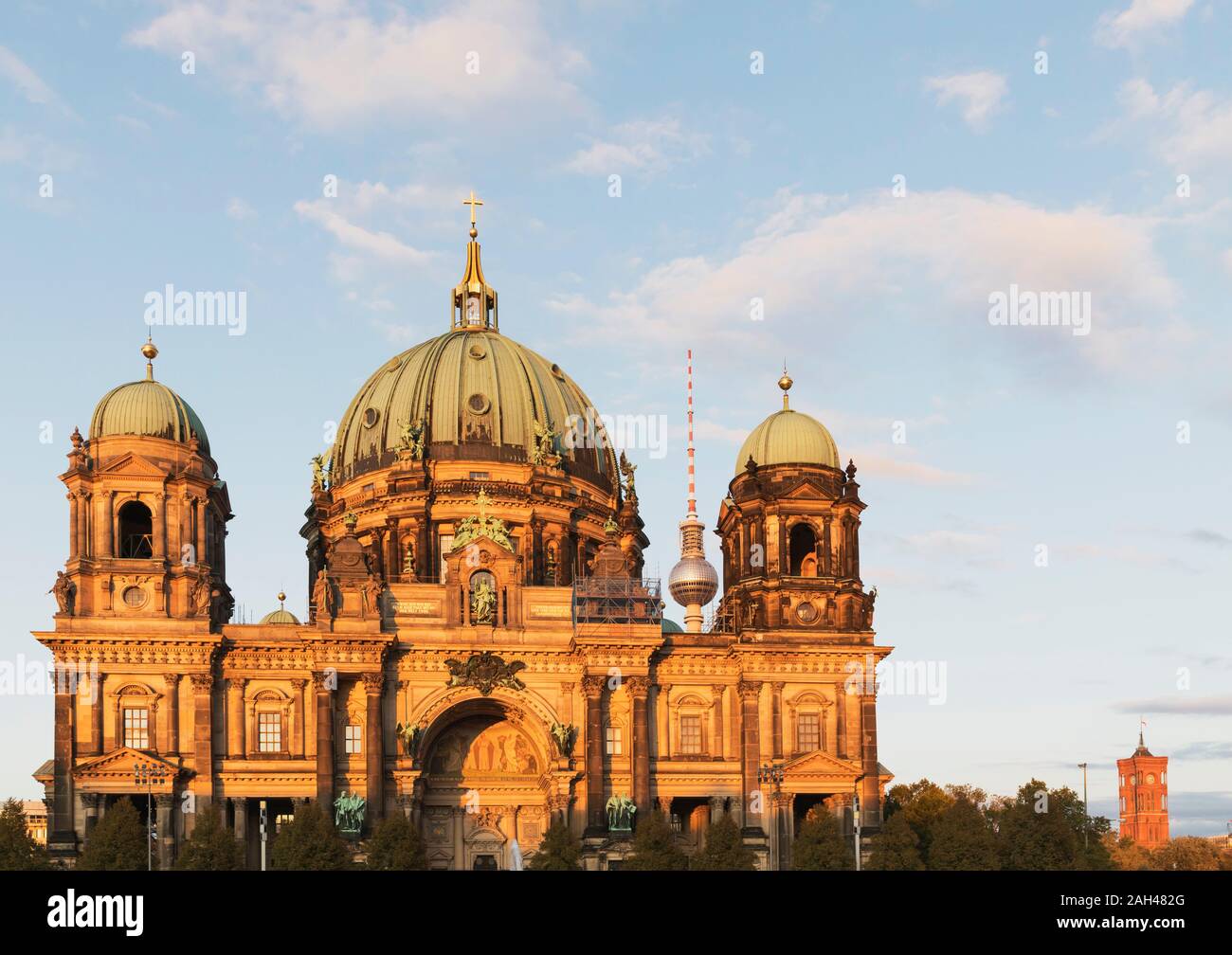 Germany, Berlin, Facade of Berlin Cathedral with Berlin TV Tower in background Stock Photo
