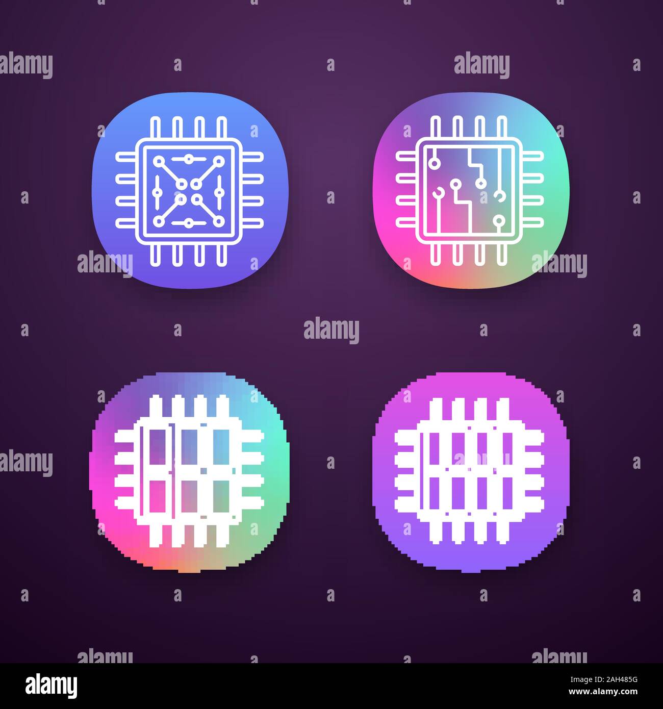 Processors app icons set. UI/UX user interface. Chip, microprocessor, integrated unit, six and octa core processors. Web or mobile applications. Vecto Stock Vector