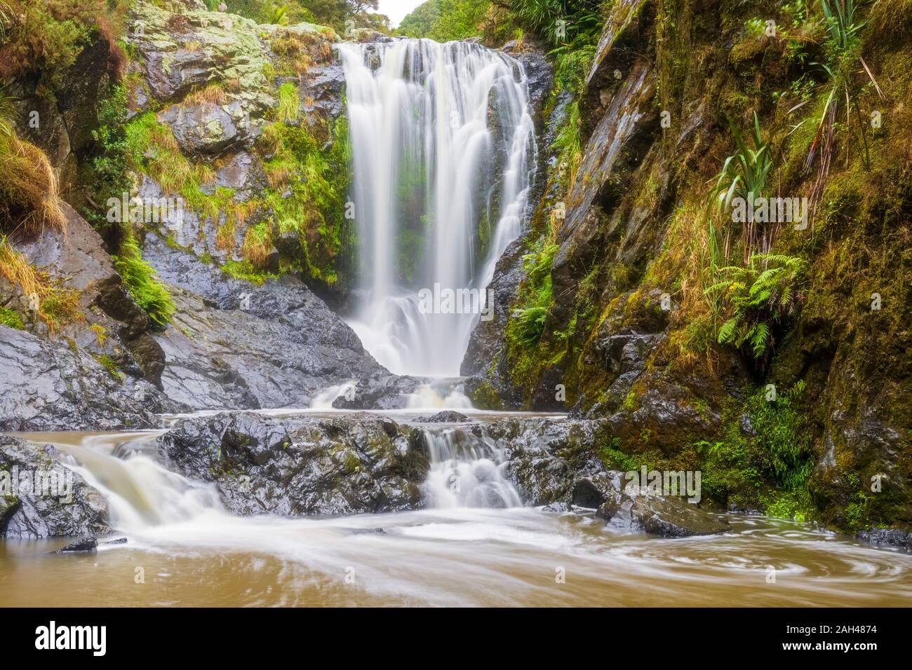 New Zealand, Northland Region, Long exposure of Piroa Falls on Ahuroa River Stock Photo