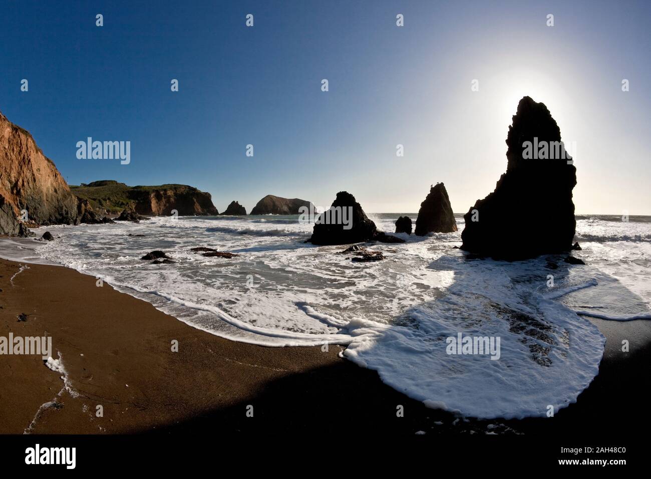 USA, California, San Francisco, Coastal rock formations of Marin Headlands at sunset Stock Photo