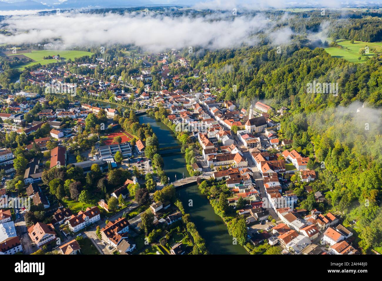 Germany, Bavaria, Wolfratshausen, Aerial view of countryside town along Loisach river Stock Photo