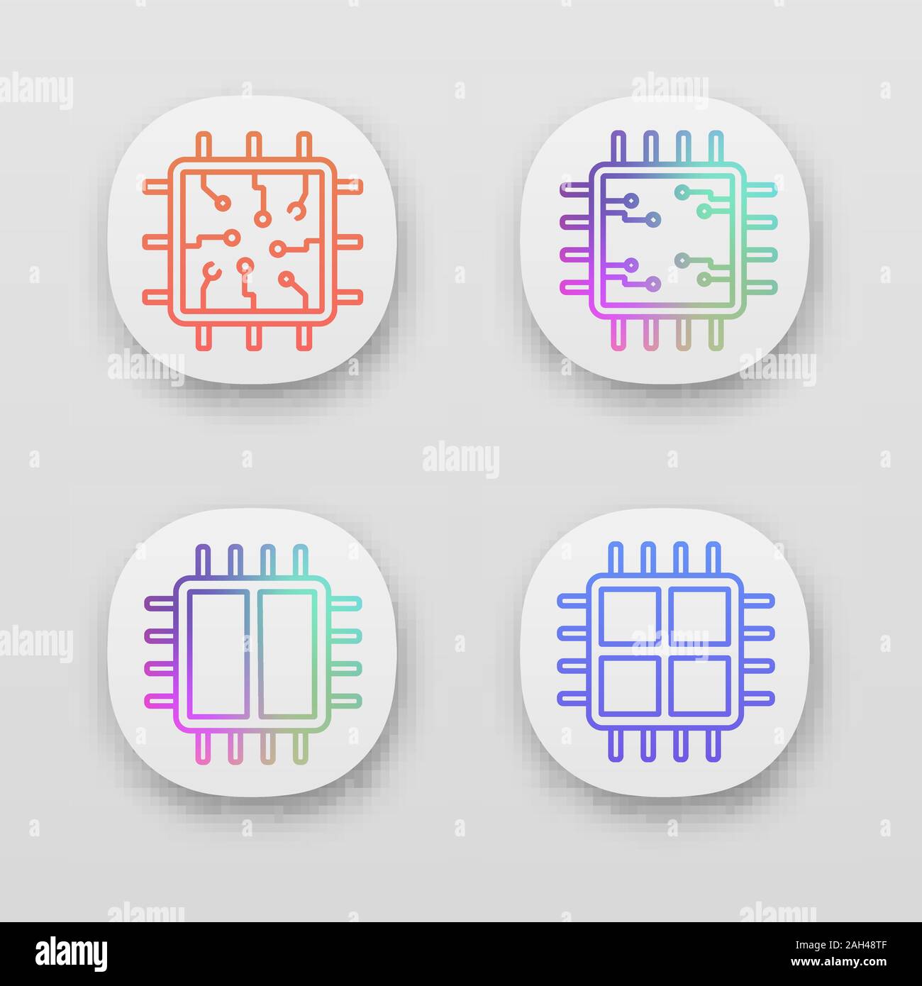 Processors app icons set. Chip, microprocessor, integrated unit, dual and quad core processors. UI/UX user interface. Web or mobile applications. Vect Stock Vector