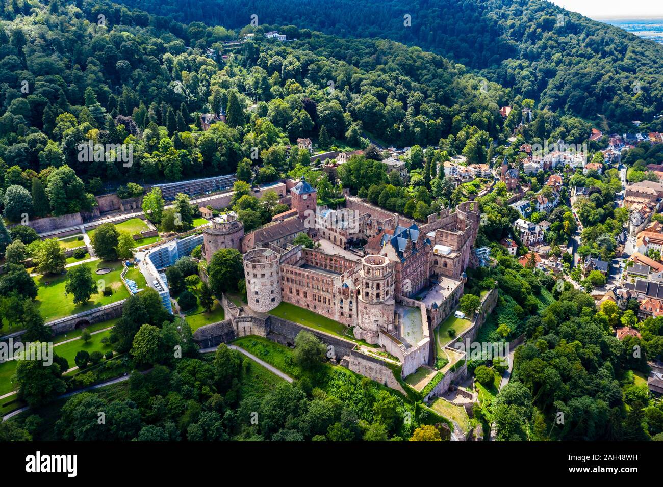 Germany, Baden-Wurttemberg, Heidelberg, Aerial view of Heidelberg Castle in summer Stock Photo