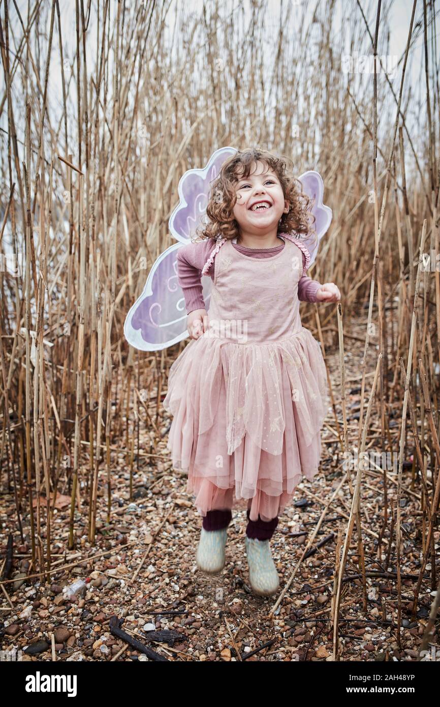 Portrait of happy little girl in nature  dressed up as a butterfly Stock Photo