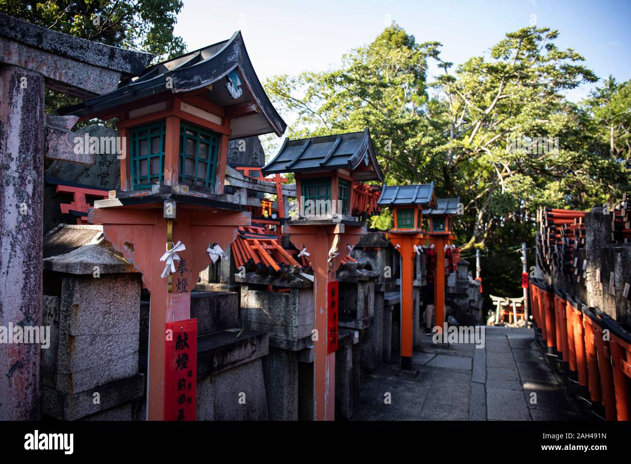 Japan, Kyoto Prefecture, Kyoto City, Row of old lanterns in Fushimi Inari-taisha temple Stock Photo