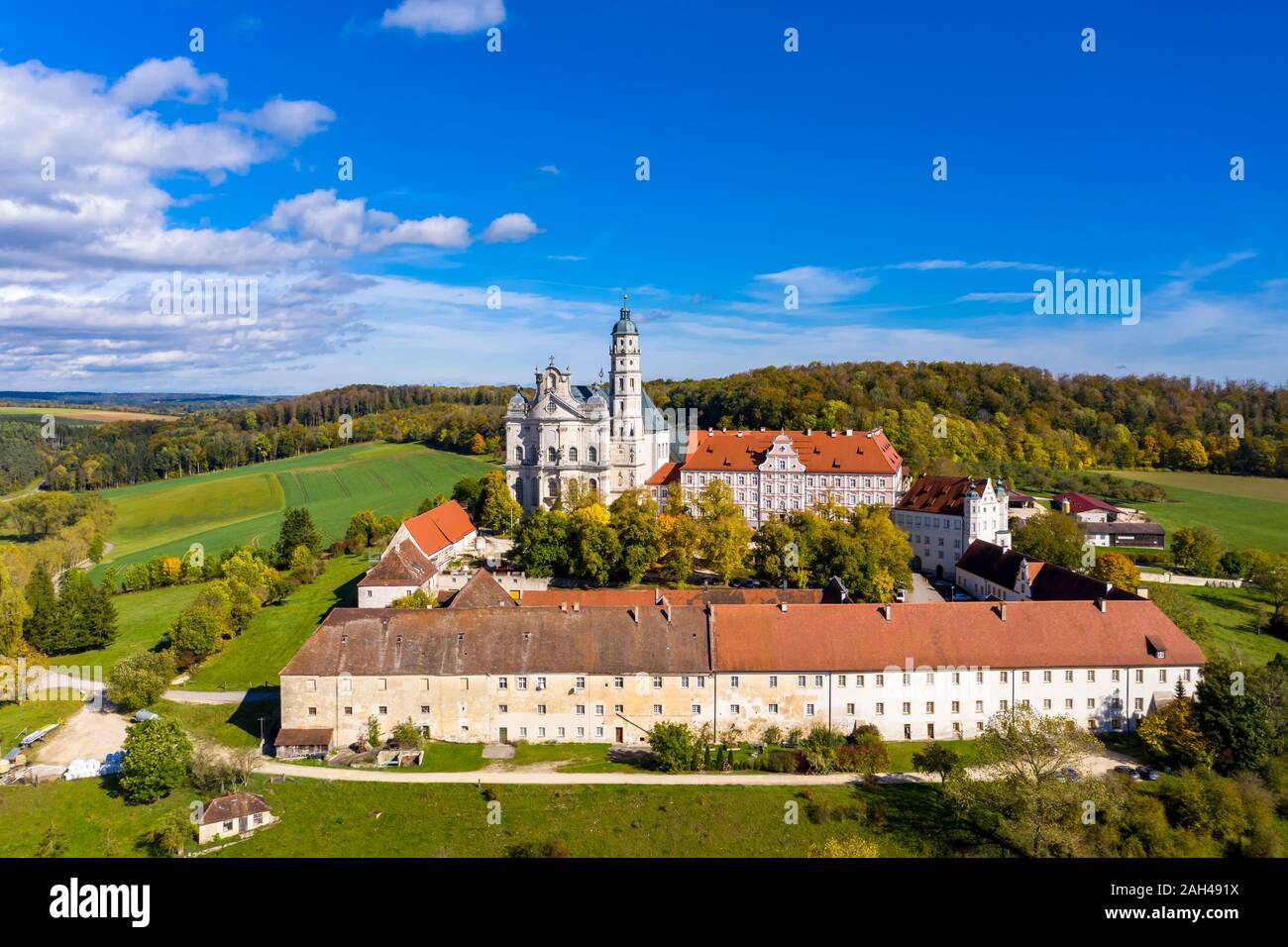 Germany, Baden-Wuerttemberg, Neresheim, Aerial view of Benedictine Monastery, Neresheim Abbey Stock Photo