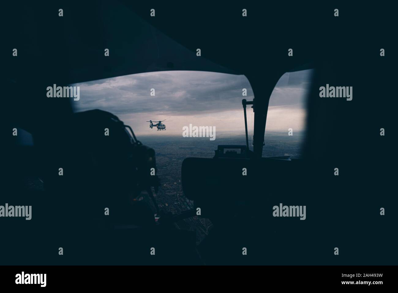 Spain, Madrid, Police helicopters seen from inside cabin Stock Photo
