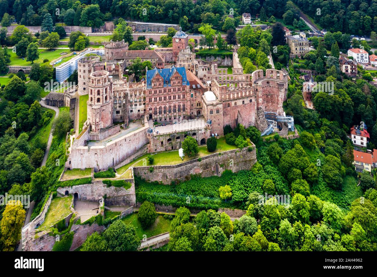 Germany, Baden-Wurttemberg, Heidelberg, Aerial view of Heidelberg Castle in summer Stock Photo