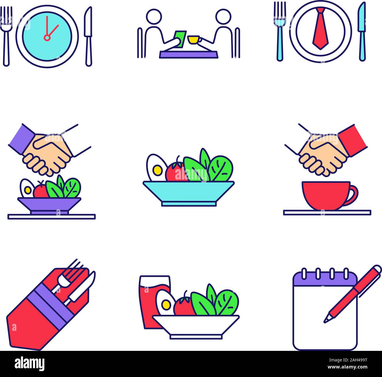 Business lunch color icons set. Colleagues, friends, partners