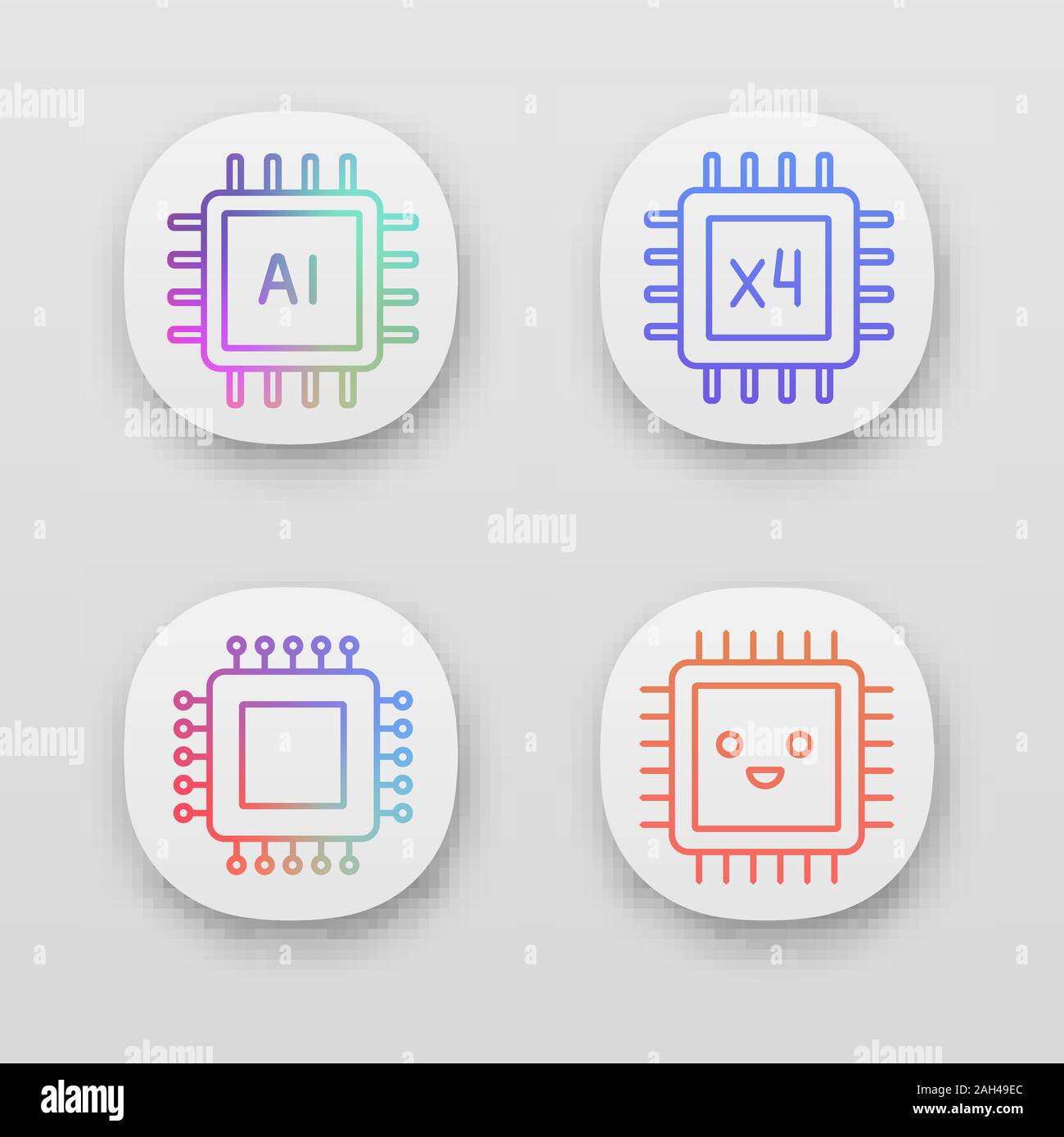 Processors app icons set. UI/UX user interface. Chip, integrated circuit for ai system, smiling microprocessor, quad core processor. Web or mobile app Stock Vector