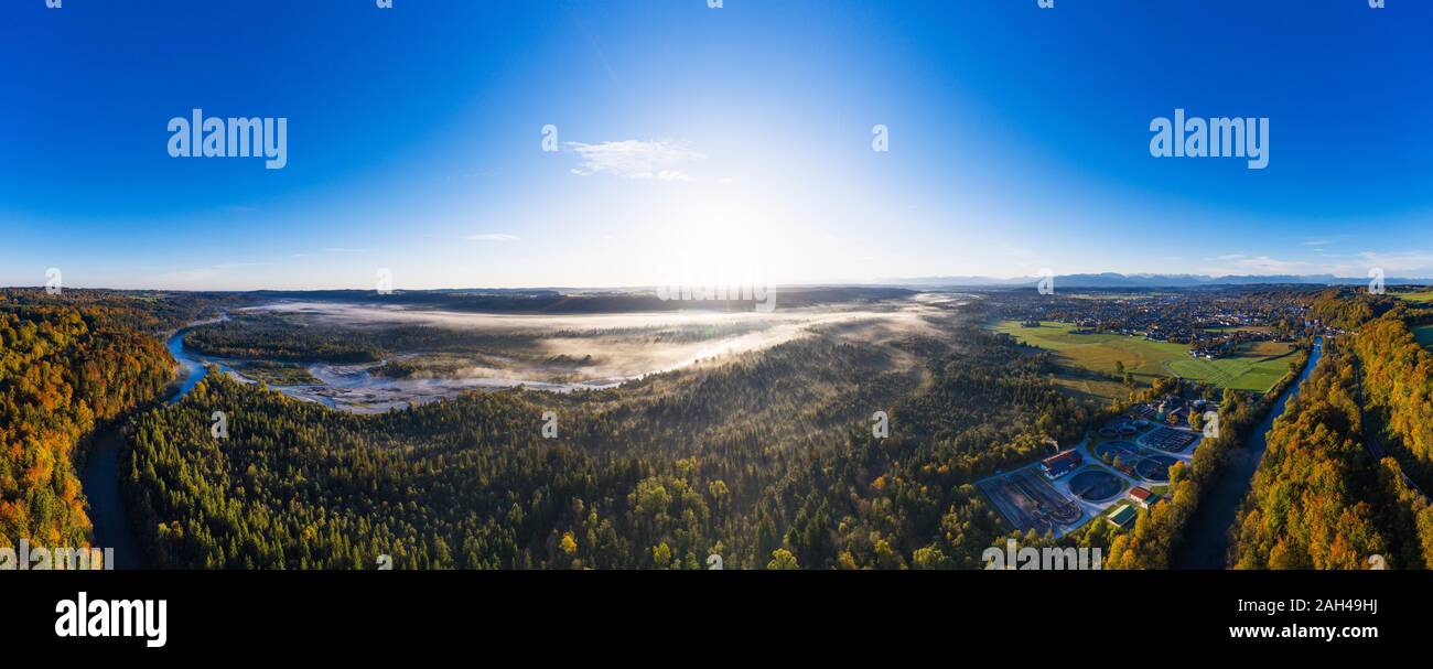 Germany, Bavaria, Upper Bavaria, Nature Reserve Isarauen, Aerial view of Isar river and sewage treatment plant on Loisach river Stock Photo