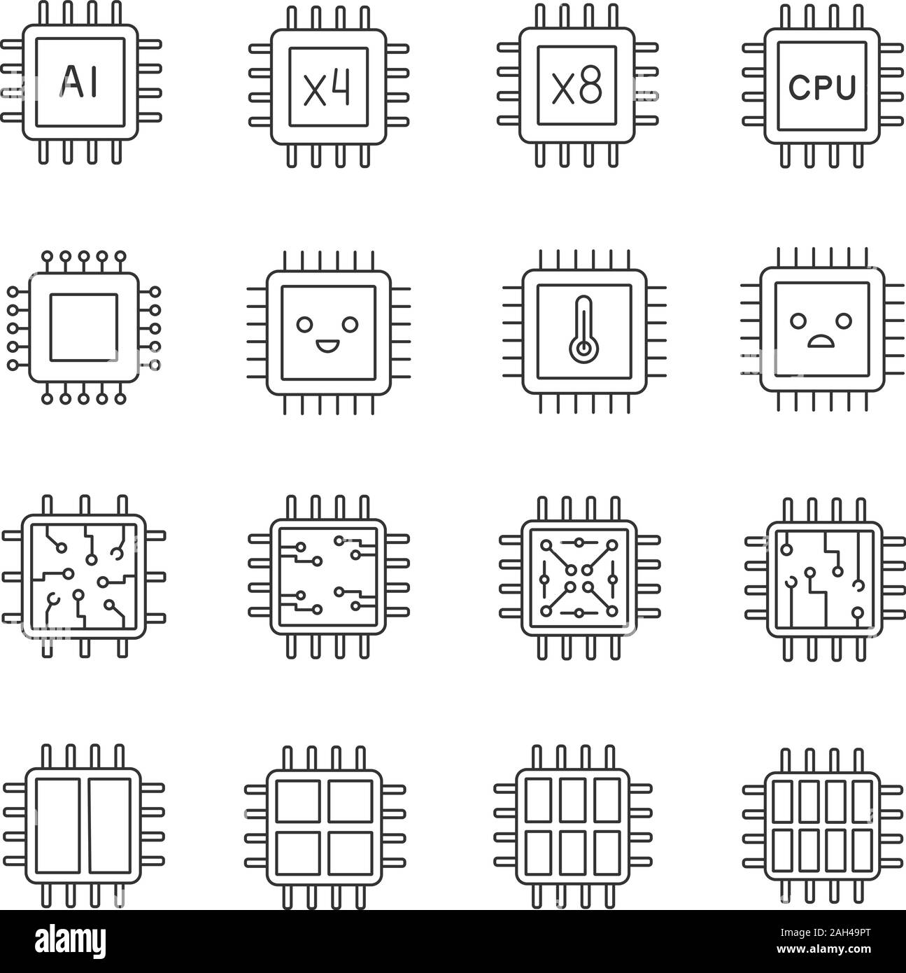 Processors linear icons set. Multi-core processors. Chips, microchips, chipsets. CPU. Central processing units. Integrated circuits. Isolated vector o Stock Vector