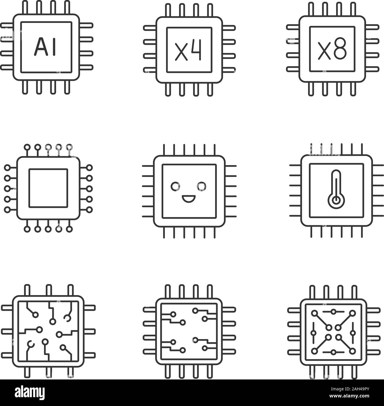 Processors linear icons set. AI chip, quad, octa core processors, integrated circuit, microprocessor temperature, smiling chip. Thin line symbols. Iso Stock Vector